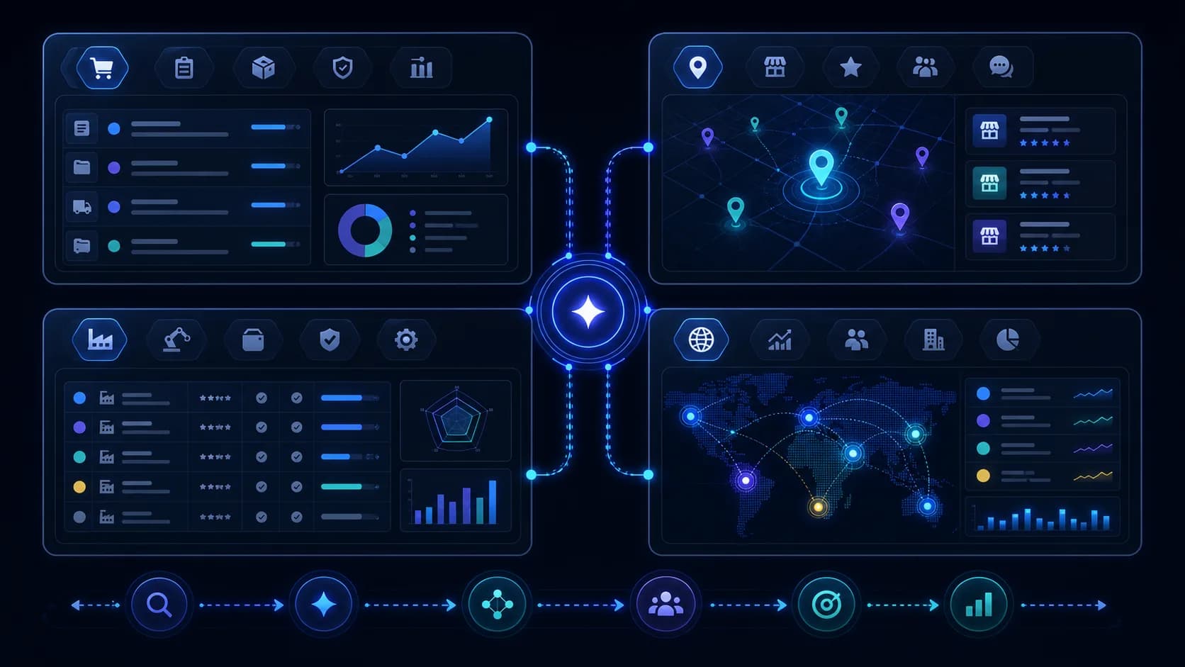 Illustrated GEO dashboards with connected product, local, manufacturing, and global-style evidence panels