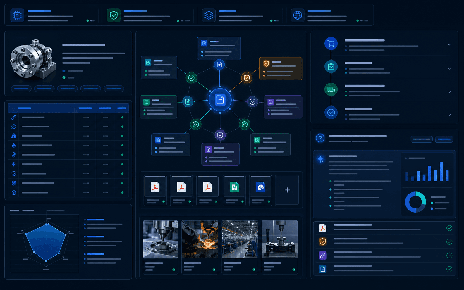 Manufacturing procurement evidence map with specification cards, certification evidence, application cases, and inquiry workflow